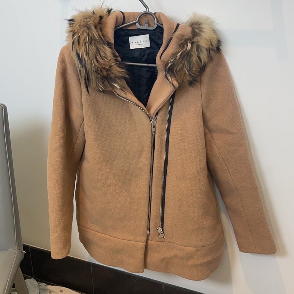 Sandro Camel fur trim Wool double zipper Coat